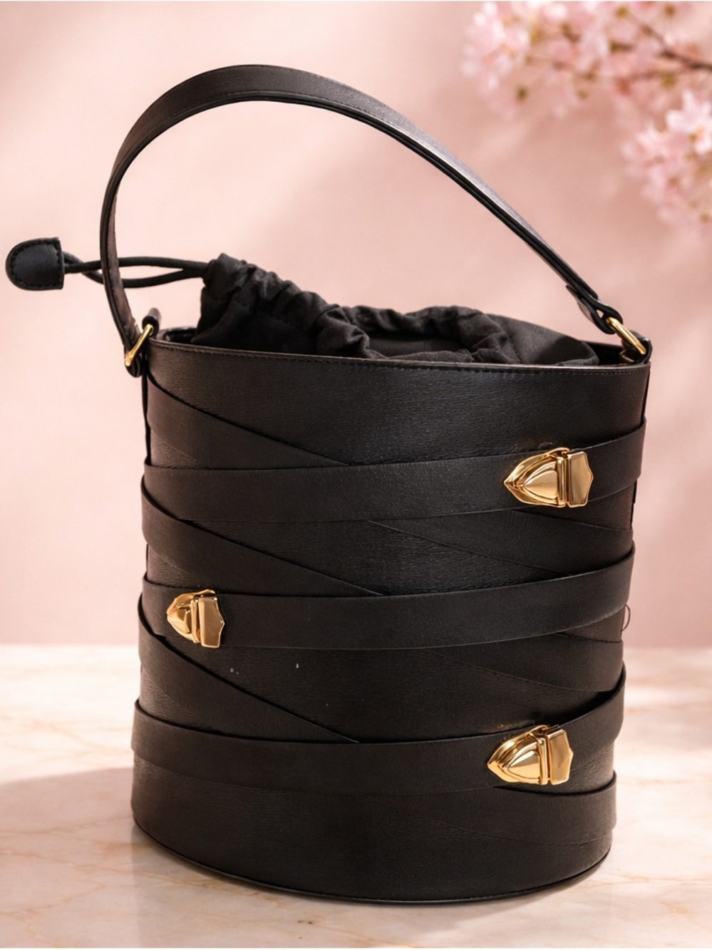 Multi-Strap Buckle Bucket Bag Designer Style large with Drawstring Insert - Picture 1 of 4